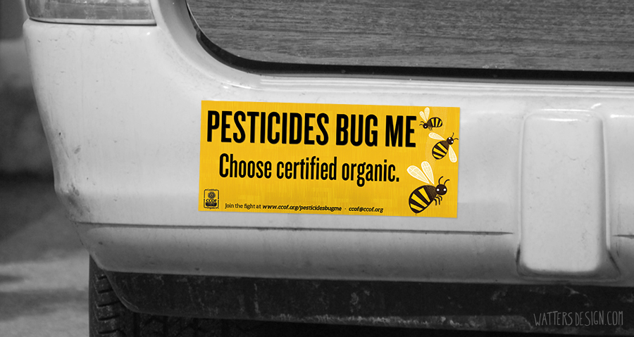 Free bumper sticker mockup psd template: Pesticides Bug Me Watters Design