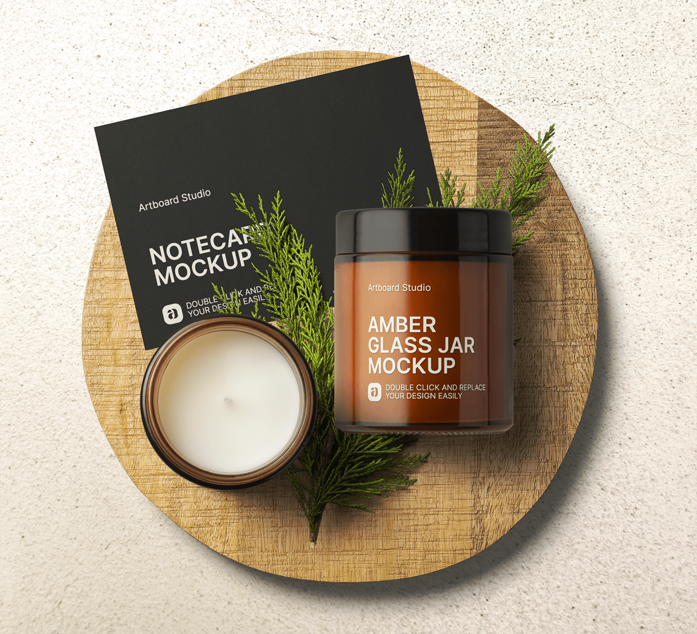 Free jar mockup in full front view with its editable label. Amber Glass Jar With Notecard Mockup Scene